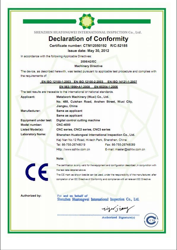 METALWORK MACHINERY (WUXI) CO.LTD Certifications