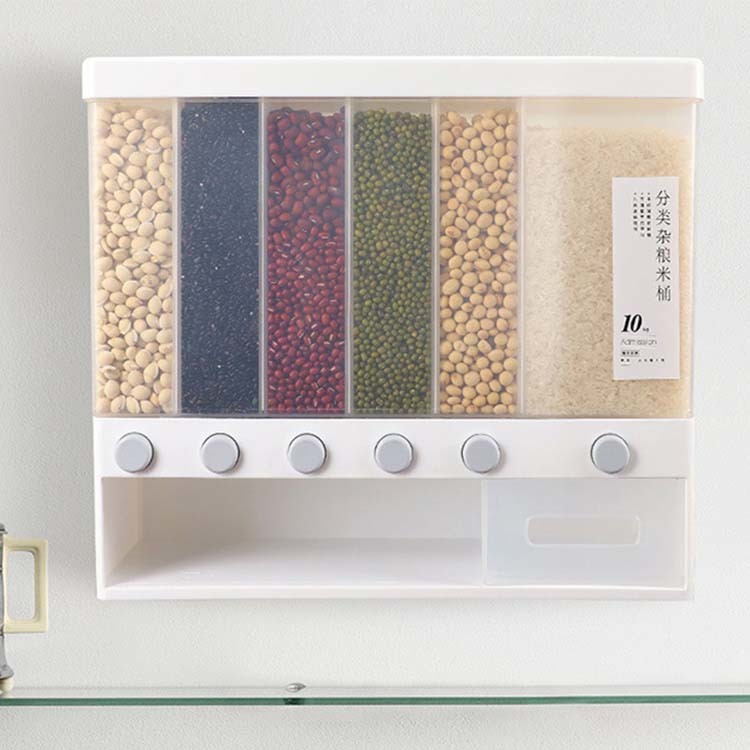China Transparent Design Wall Mounted 6 Grid Cereal Dispenser with Measuring Cup wholesale