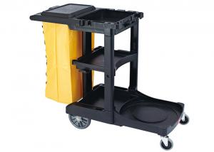 China Black Plastic Cleaning Cart with 3 Shelves and Yellow Vinyl Bag 4'' Non - Marking Casters and 8" Rear Wheels wholesale