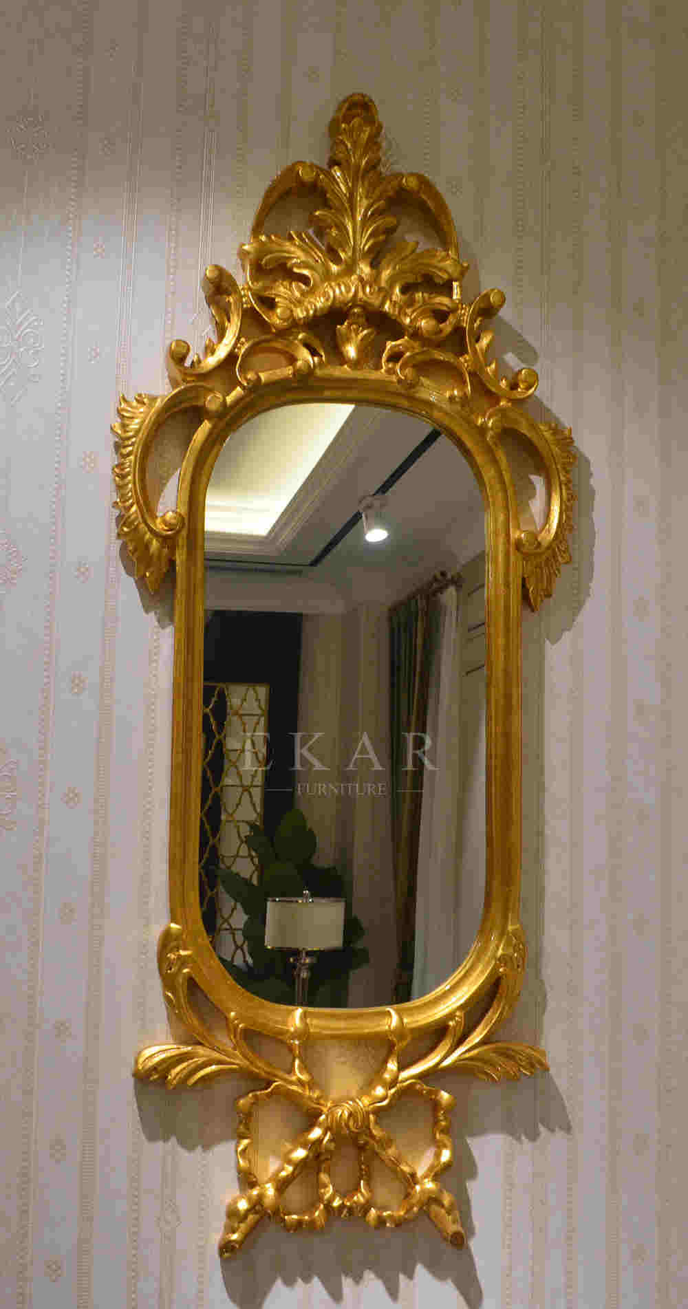 China Shaped Wall Dresser Mirror with Carven frame golden color FG-105 wholesale