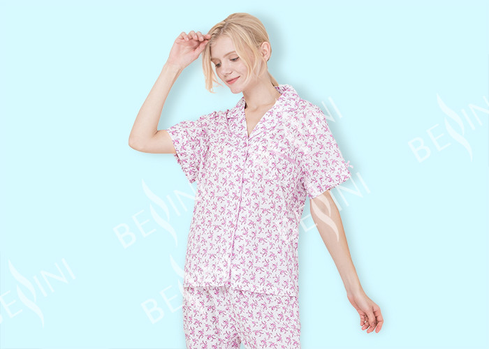 China Cute Womens Pyjama Sets Short Sleeve Top And Long Pants With Elastic Waistband wholesale