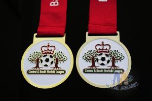China Football And Crown Logo Zinc Alloy Material Custom Award Medals Soft Enamel With One Color Printed Ribbon wholesale