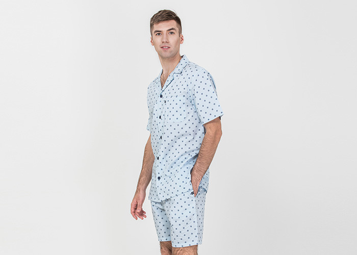 China Anti Shrink Mens Button Down Pajamas , Mens Loungewear Shorts Sets Blue Color wholesale