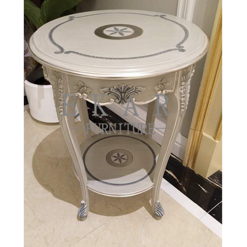 China Classic Living Room Carved Gray Round Wooden Side Table wholesale
