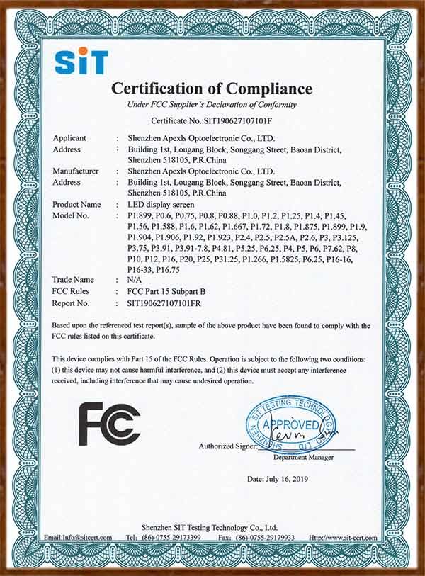 Shenzhen Apexls Optoelectronic Co.,LTD Certifications