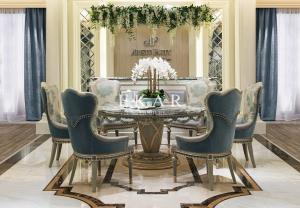 China New italian Luxury Dinner Room Marble Top Wooden Carved Elegant Round Dining Table wholesale