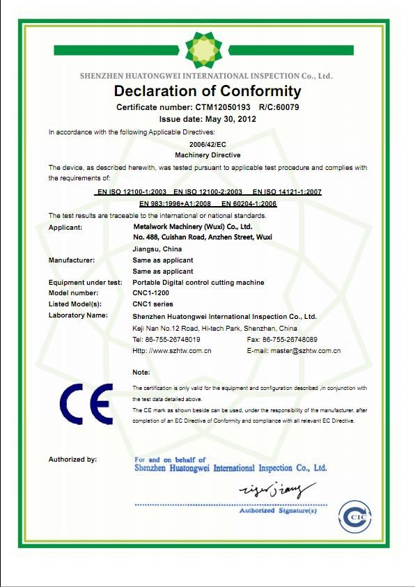 METALWORK MACHINERY (WUXI) CO.LTD Certifications