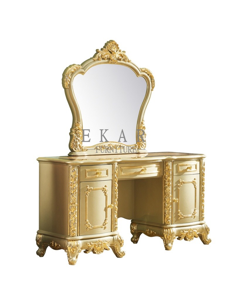 China Makeup Wooden Carving Golden Dressing Table Dresser With Mirror LF-777 wholesale
