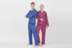 China Lovers Pyjamas Cotton Yarn Dyed Check Flannel Long Sleeve Long Pants Satin Piping Pocket Satin Fabric Covered Buttons wholesale