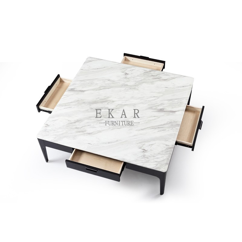 China Square Ash Wood Frame White Marble Top Center Modern Coffee Table with Drawer wholesale