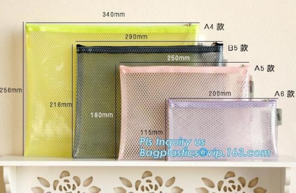 Quality Mesh PVC Document File Bags With Zipper Closure A4 A5 A6 Size File Packing Bags, A5 B5 zipper mesh file bags, slider zip for sale