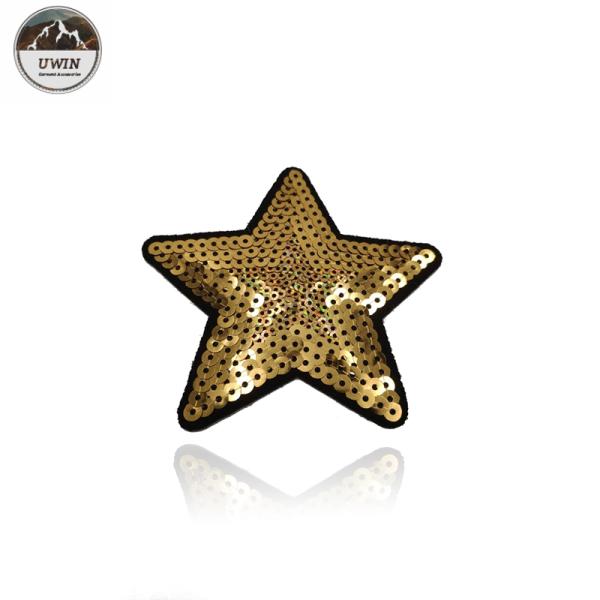 Sew On Style Sequin Star Patch , OEM Gold Star Applique Merrowed Border