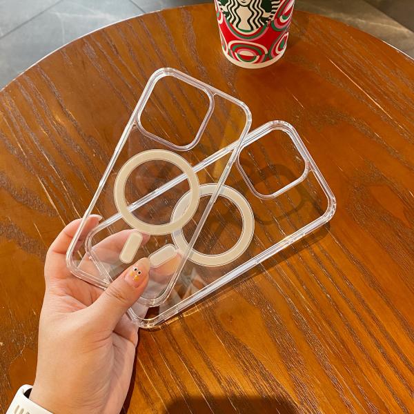 Crystal Clear TPU PC Mag Safe Phone Case For iPhone 15 14 Transparent Cover