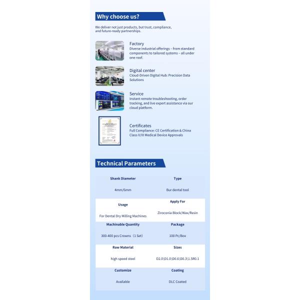 Dry Milling Dental Milling Burs DLC CAD CAM Axis Burs For Dentistry