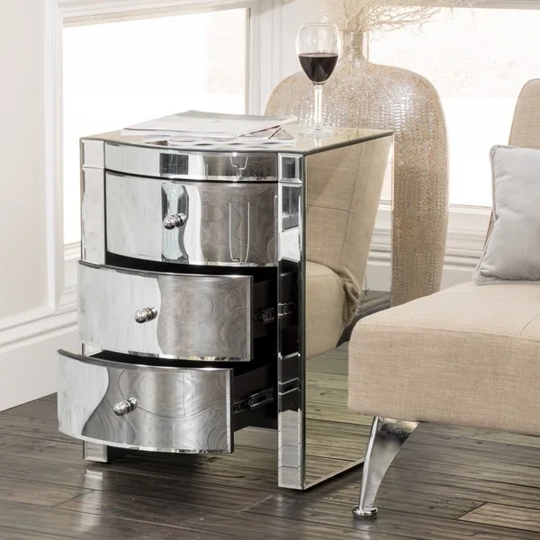 Contemporary 3 drawers silver mirrored nightstand curved design end table corner table for living room