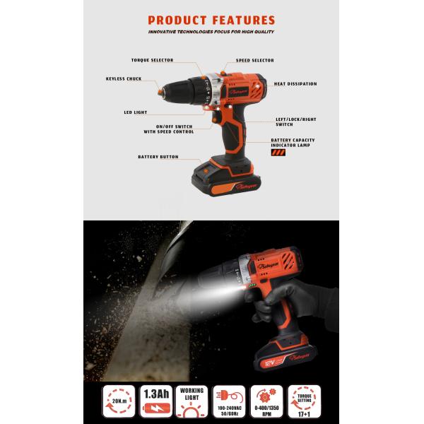 Cordless 12 Volt 18NM Impact Power Drill 1300mAh Li-Ion Electric Powered Tools 17+1 Torque Setting