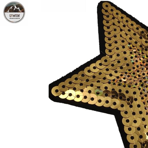 Sew On Style Sequin Star Patch , OEM Gold Star Applique Merrowed Border