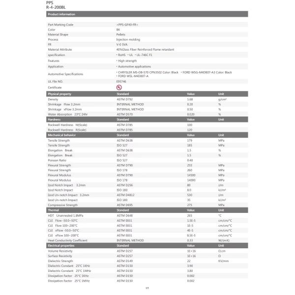 R-4-200BL Polyphenylene Sulfide Resin Extrusion Grade PPS 40GF 29.4MPa