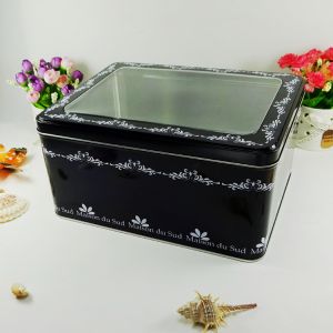 China Black Metal Tin Container With Silver Bottom Tranparent Window wholesale