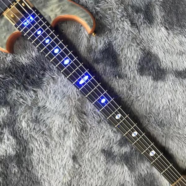 Custom Grand Neck Through Body Flamed Maple Top 5 Strings Bass Guitar Alem Cut Bottom Side LEDs