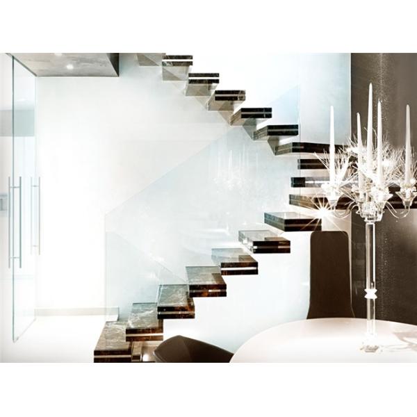 Customized Marble Building Floating Stairs With Tempered Glass Railing