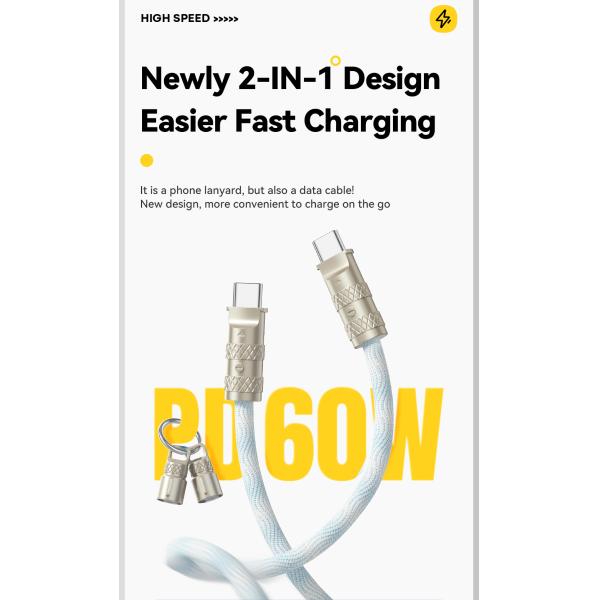 ESSAGER ES-X65 Series 60W Charging Lanyard Style USB C to USB C Cord with USB 2.0 Connector