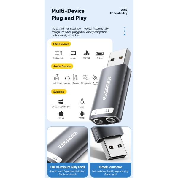 ESSAGER ES-OTG21 USB A To 3.5mm Aux Jack Audio Adapter Support Sound Card