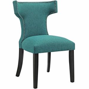 Mid Century Modern Cloth Covered Dining Chairs Upholstered Fabric With Nailhead Trim Teal