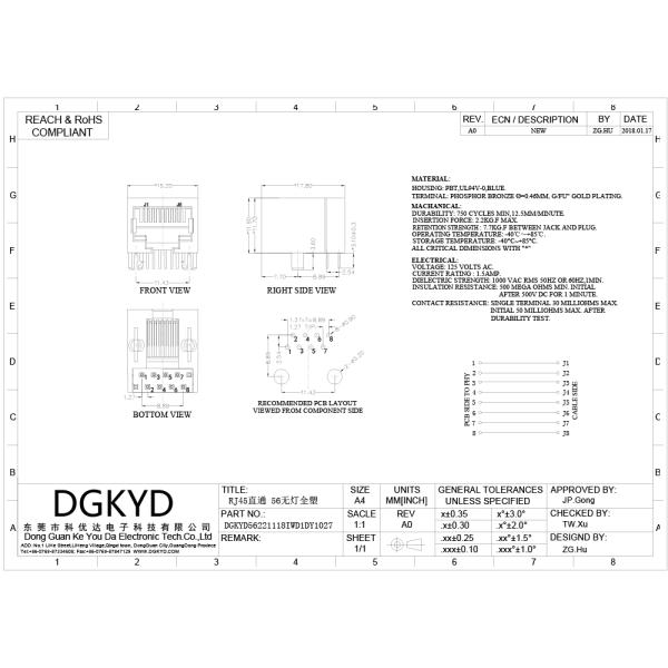 DGKYD56221118IWD1DY1027 Single In Line Package PA46 Blue RJ45 Connector Rectangle Shape RJ45 Without Transformer