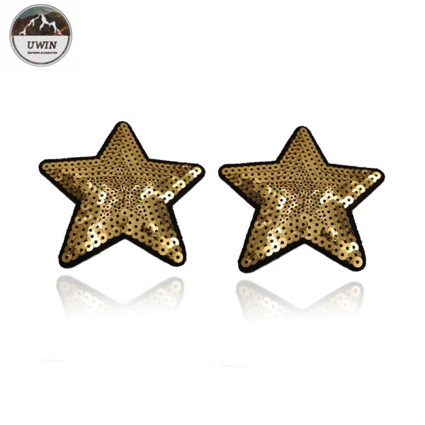 Sew On Style Sequin Star Patch , OEM Gold Star Applique Merrowed Border