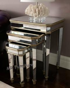 3 Set Mirrored Side Tables For Bedroom , Silver Modern Mirrored Furniture