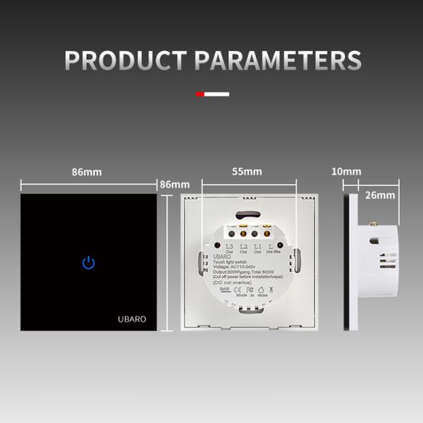 UBARO 1gang Tempered Glass Touch Switch Panel 86*86mm 100-240VAC Input