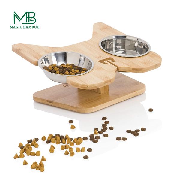 2023 Non-folding Rack Elevated Bamboo Pet Feeder With Stainless-steel Food And Water Bowls