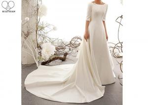 China Ivory Plain Elegant Satin Wedding Gowns Half Sleeve Backless With Big Bow wholesale