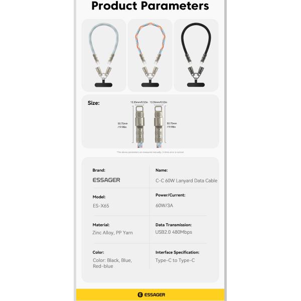 ESSAGER ES-X65 Series 60W Charging Lanyard Style USB C to USB C Cord with USB 2.0 Connector