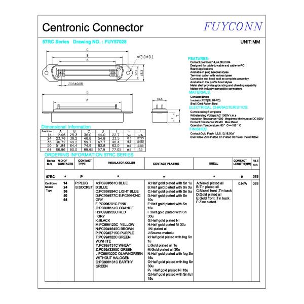 64Pin Centronics Connector 32pairs Solder Male Connector