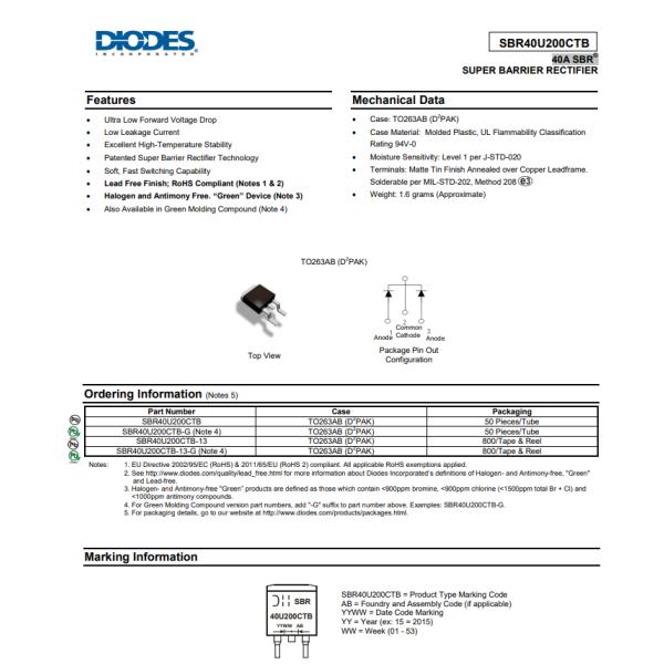 SBR40U200CTB-13 Diode Array 1 Pair Common Cathode 200 V 20A TO-263-3 D²Pak