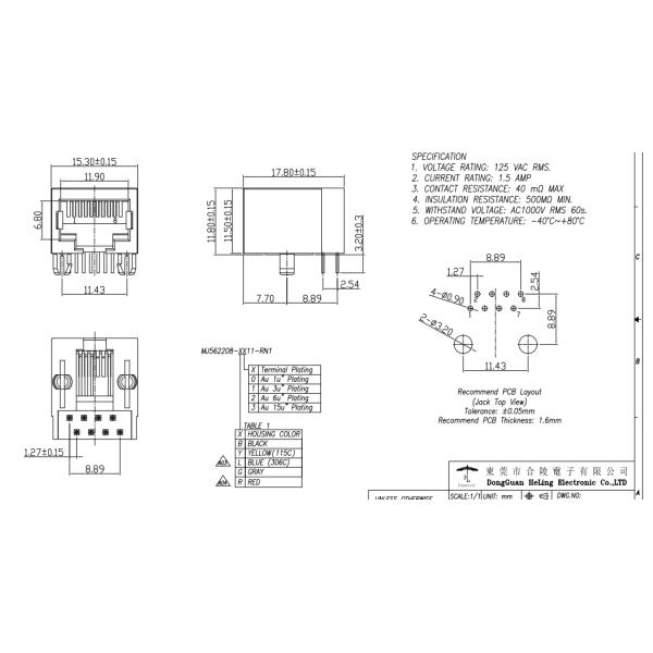 1 Port RJ45 Jack Modular Connector Unshielded Thru Hole MJ562208-L011-RN1