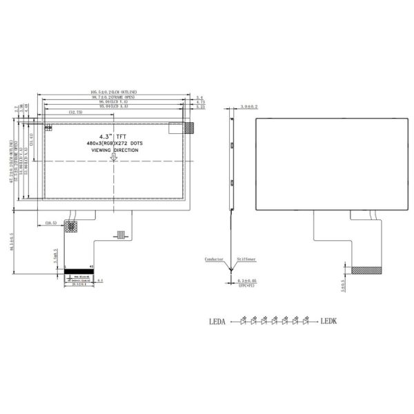 230cd/M2 FPC Resistive LCD Display 4.3 Inch 480x272 Thin Film Transistor Monitor