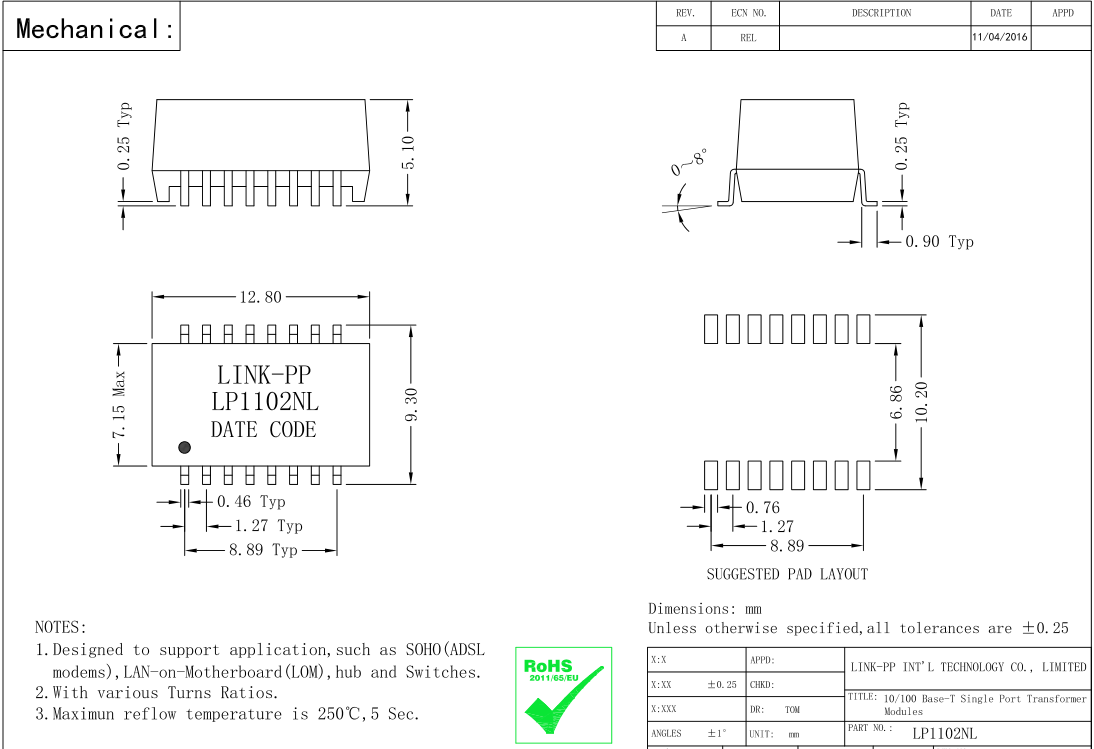 TGR110-E055N16LF 4800V Lan Magnetic Power Isolation Transformer LP41671ANL