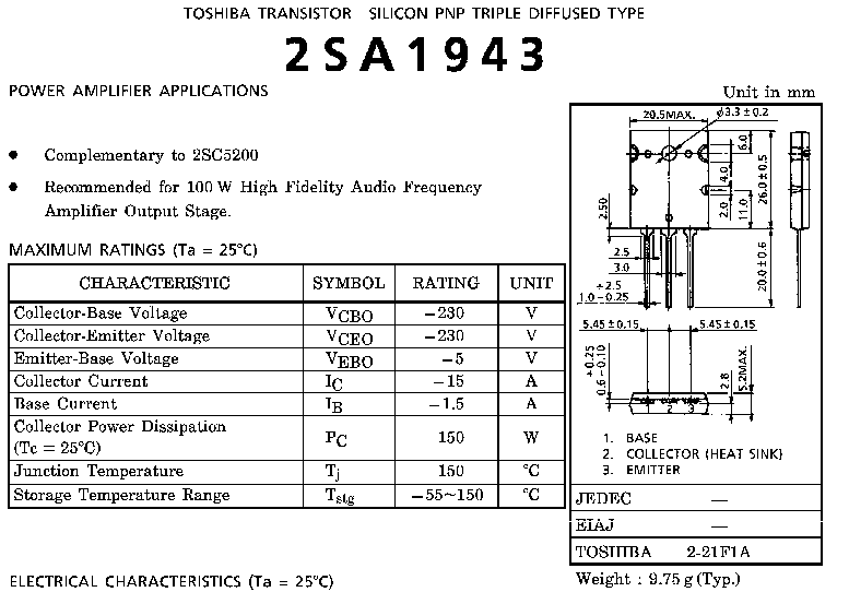 Triple Diffused Type NPN PNP Transistors Integrated Circuit Toshiba 2SA1943-O TO-3P