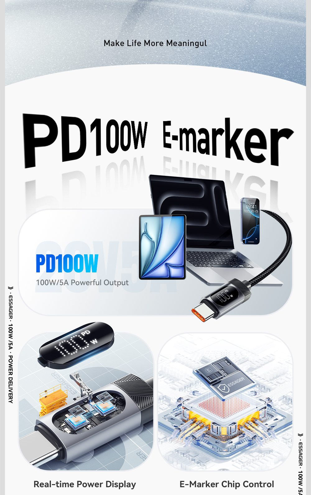 ESSAGER ES-X64 Series 60W 100W LED Display USB Type C Charging Cable