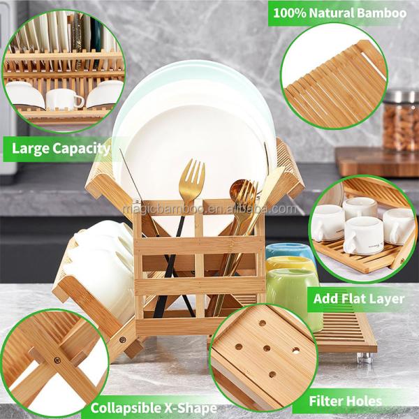 Collapsible 3 tier Bamboo Wooden Dish Drying Rack With Utensil Holder