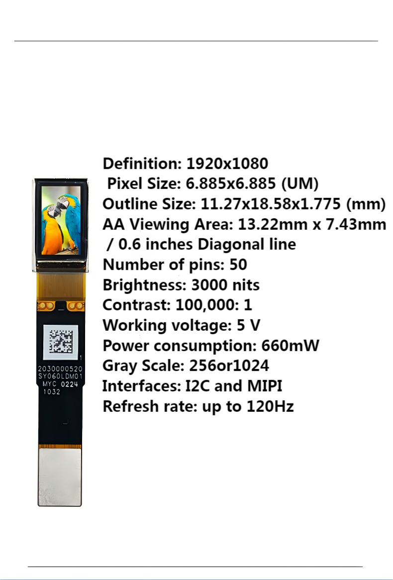 0.60-inch Micro OLED Display | 3000 Brightness, 120Hz High Refresh Rate, Dual Interfaces (I2C/MIPI) Suitable for Outdoor Detection / VR Devices, HD