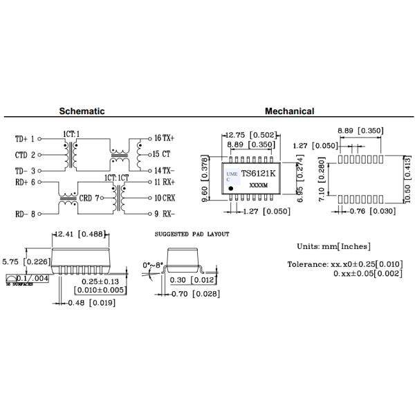 10/100 BASE PULSE TRANSFORMER TS6121K , 16 Pin SMD Surface Mount