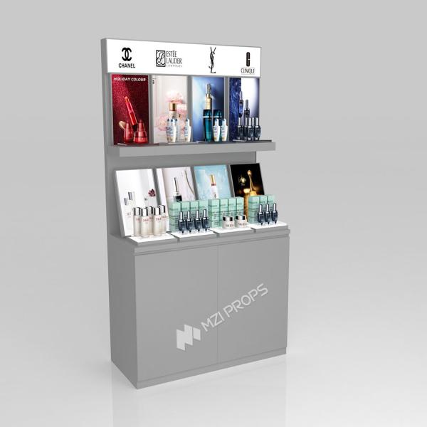 Makeup Store Counter Grey Wooden Display Cabinet With Led Lights For Branding Shop Design And Premium Shop Display Furniture