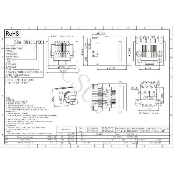 1 * 1 Port 8P8C Modular Connector Jacks Contact Mating Area Gold Plating