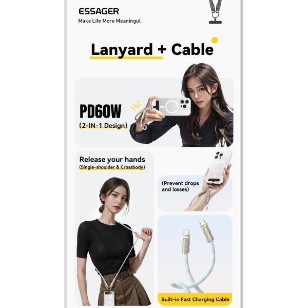ESSAGER ES-X65 Series 60W Charging Lanyard Style USB C to USB C Cord with USB 2.0 Connector