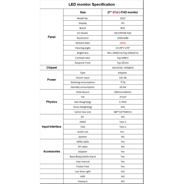 27 Inch Flat Gaming Display Monitor With HDR Free Sync 100Hz 1920x1080 IPS Panel