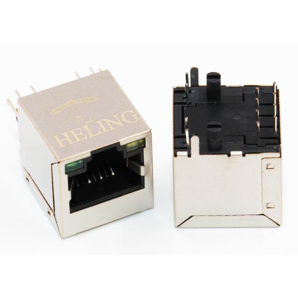 180 Degree Vertical RJ45 Jack Through Hole PCB Mount With Green / Yellow LED Aligned